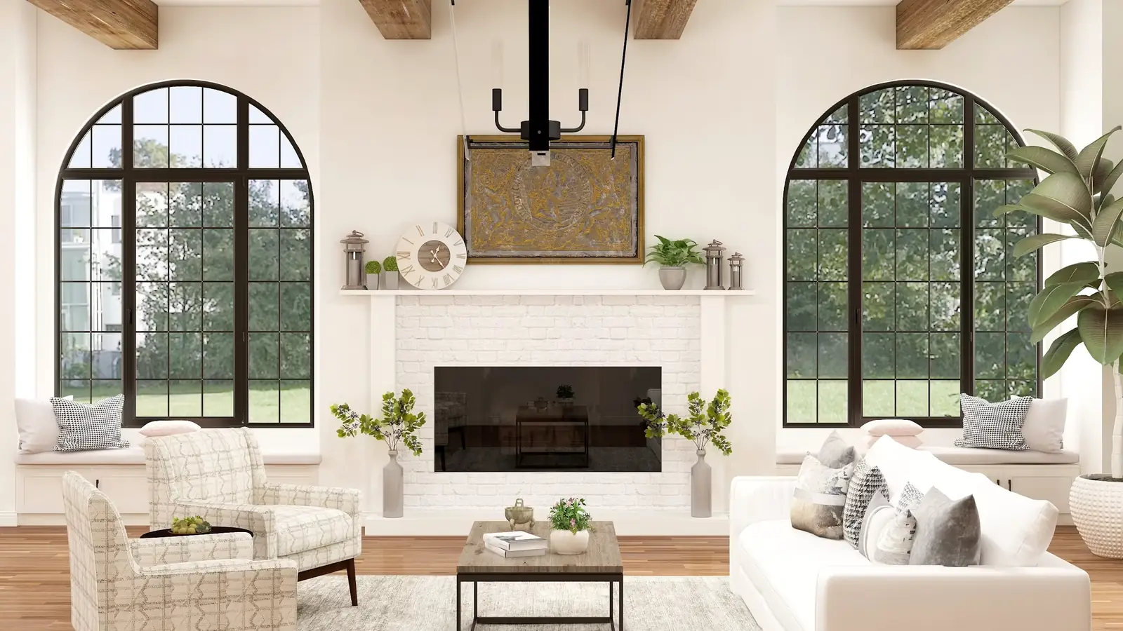 A bright, classic family living room with arched windows and a fireplace